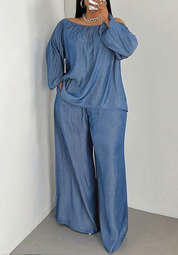 Women Summer Casual Ruched Ruffled Long-Sleeve Top and Pants Two Piece Set