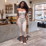 Women Summer Sexy Strapless Backless Tube Top and Pants Two Piece Set