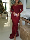 Women Elegant Off-Shoulder Long-Sleeve Slit Maxi Dress