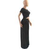 Women Autumn Solid Short-Sleeve Top and Wide-Leg Pants Two Piece Set