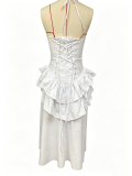 Women summer patchwork cascading ruffles and lace-up detail strapless dress