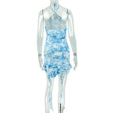 Women summer sleeveless halter-neck ruffles bodycon dress