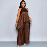 Women casual lace patchwork top and wide-leg pants two-piece set
