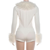 Women autumn long-sleeve V-neck bodysuit with faux fur collar and shorts two-piece set