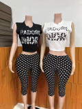 Women summer sleeveless crop top with polka-dot and letter print
