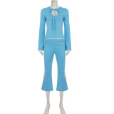 Women casual round-neck with bell sleeves and cut-out lace-up T-shirt andcropped pants two-piece set
