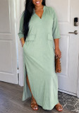 Women Elegant Summer V-Neck Solid Half-Sleeve Pockets and Slit Maxi Dress