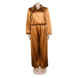 Women elegant lantern-sleeve top and wide-leg pants two-piece set