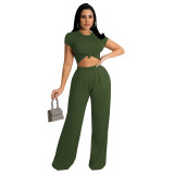 Women Autumn Solid Short-Sleeve Top and Wide-Leg Pants Two Piece Set