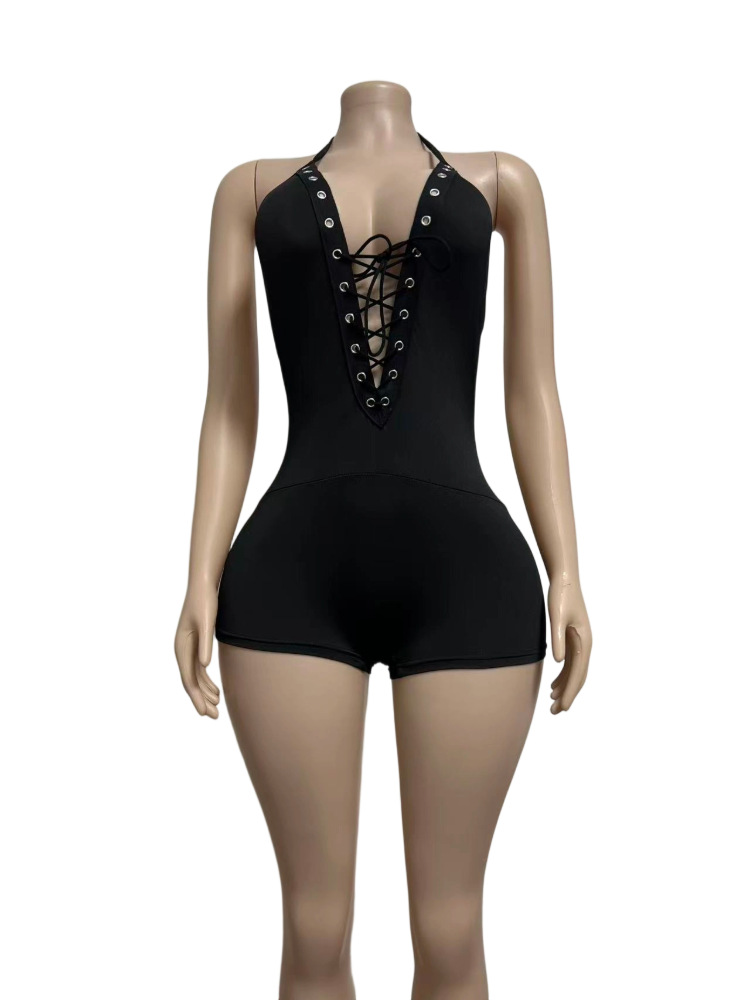 V-Neck Lace-Up Cutout Camisole Bodysuit for Clubwear