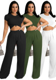 Women Autumn Solid Short-Sleeve Top and Wide-Leg Pants Two Piece Set