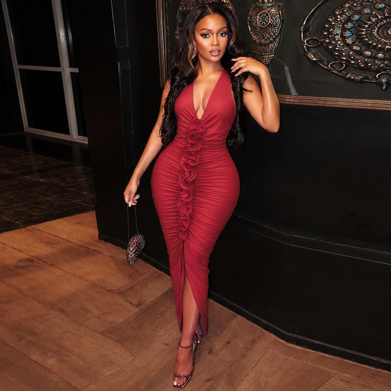 V-Neck Sleeveless Slit Bodycon Dress for Evening Parties