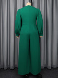 Plus Size Solid Beaded Round-Neck Long-Sleeve Formal Party Jumpsuit