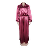 Women elegant lantern-sleeve top and wide-leg pants two-piece set