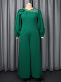 Plus Size Solid Beaded Round-Neck Long-Sleeve Formal Party Jumpsuit