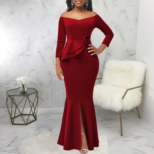 Sexy Fashion Solid Off Shoulder Slit Women's Evening Dress