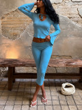 Women casual round-neck with bell sleeves and cut-out lace-up T-shirt andcropped pants two-piece set