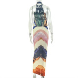 Women summer color-block halter-neck bodycon dress