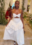 Women summer patchwork cascading ruffles and lace-up detail strapless dress