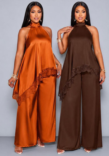 Women casual lace patchwork top and wide-leg pants two-piece set