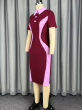 Plus Size Color-Block Shirt-Collar Short-Sleeve Bodycon Dress