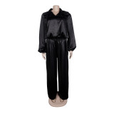 Women elegant lantern-sleeve top and wide-leg pants two-piece set