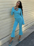 Women casual round-neck with bell sleeves and cut-out lace-up T-shirt andcropped pants two-piece set