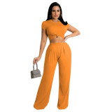 Women Autumn Solid Short-Sleeve Top and Wide-Leg Pants Two Piece Set
