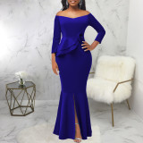Sexy Fashion Solid Off Shoulder Slit Women's Evening Dress