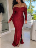 Women Elegant Off-Shoulder Long-Sleeve Slit Maxi Dress