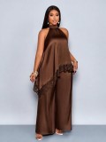 Women casual lace patchwork top and wide-leg pants two-piece set
