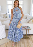 Women summer printed halter-neck top and skirt two-piece set