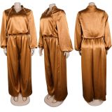Women elegant lantern-sleeve top and wide-leg pants two-piece set