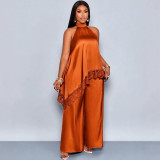 Women casual lace patchwork top and wide-leg pants two-piece set