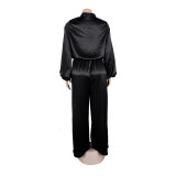Women elegant lantern-sleeve top and wide-leg pants two-piece set