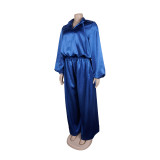 Women elegant lantern-sleeve top and wide-leg pants two-piece set