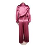 Women elegant lantern-sleeve top and wide-leg pants two-piece set