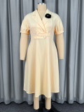 Plus Size Beige Turn-Down Collar Puff-Sleeve Dress