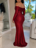 Women Elegant Off-Shoulder Long-Sleeve Slit Maxi Dress