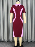 Plus Size Color-Block Shirt-Collar Short-Sleeve Bodycon Dress