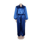 Women elegant lantern-sleeve top and wide-leg pants two-piece set