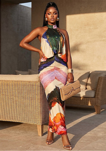 Women summer color-block halter-neck bodycon dress