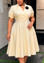 Plus Size Beige Turn-Down Collar Puff-Sleeve Dress