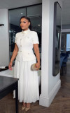 Women's Spring/Summer Career Elegant Chic Stand Collar Short Sleeve Top & Pleated Skirt Two-Piece Set
