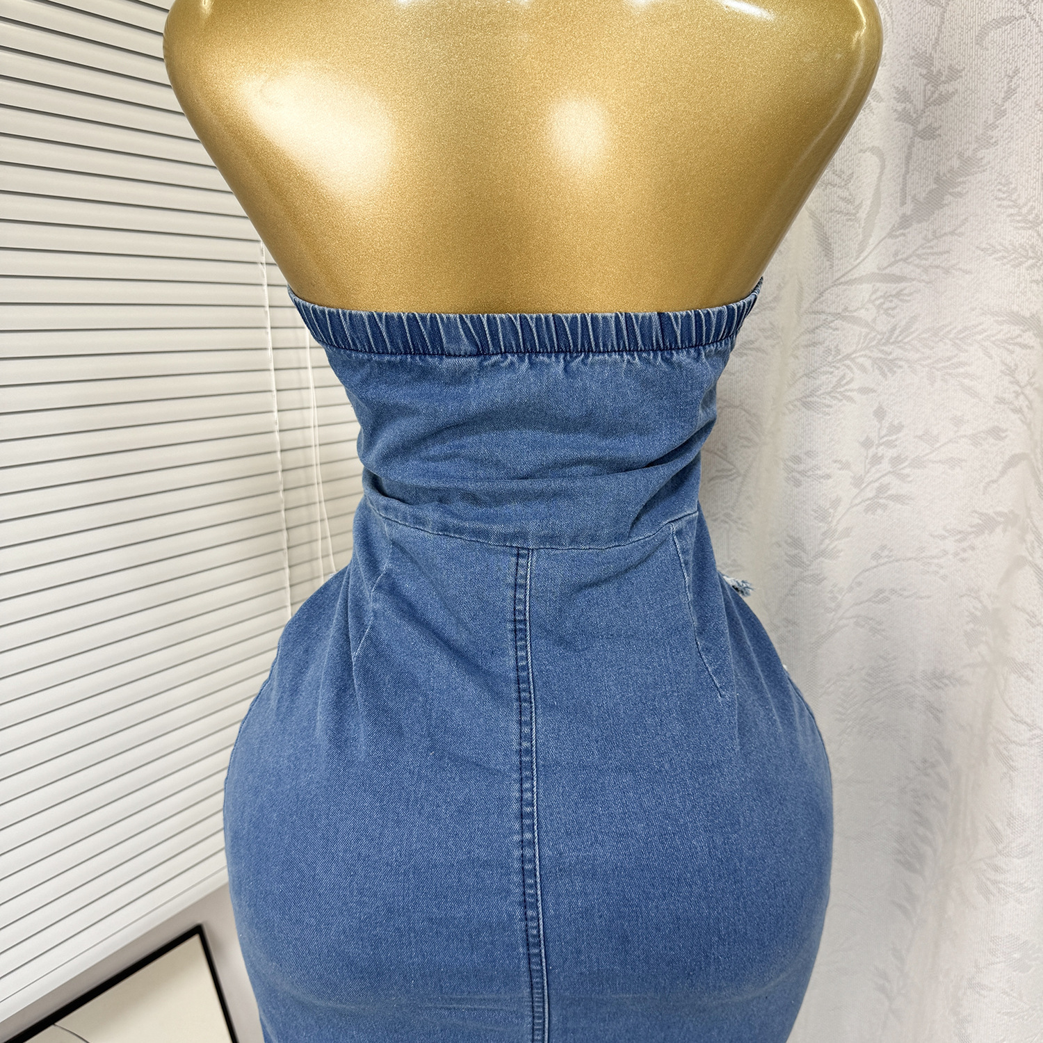 Strapless Pocket Bodycon Denim Dress for Summer Casual