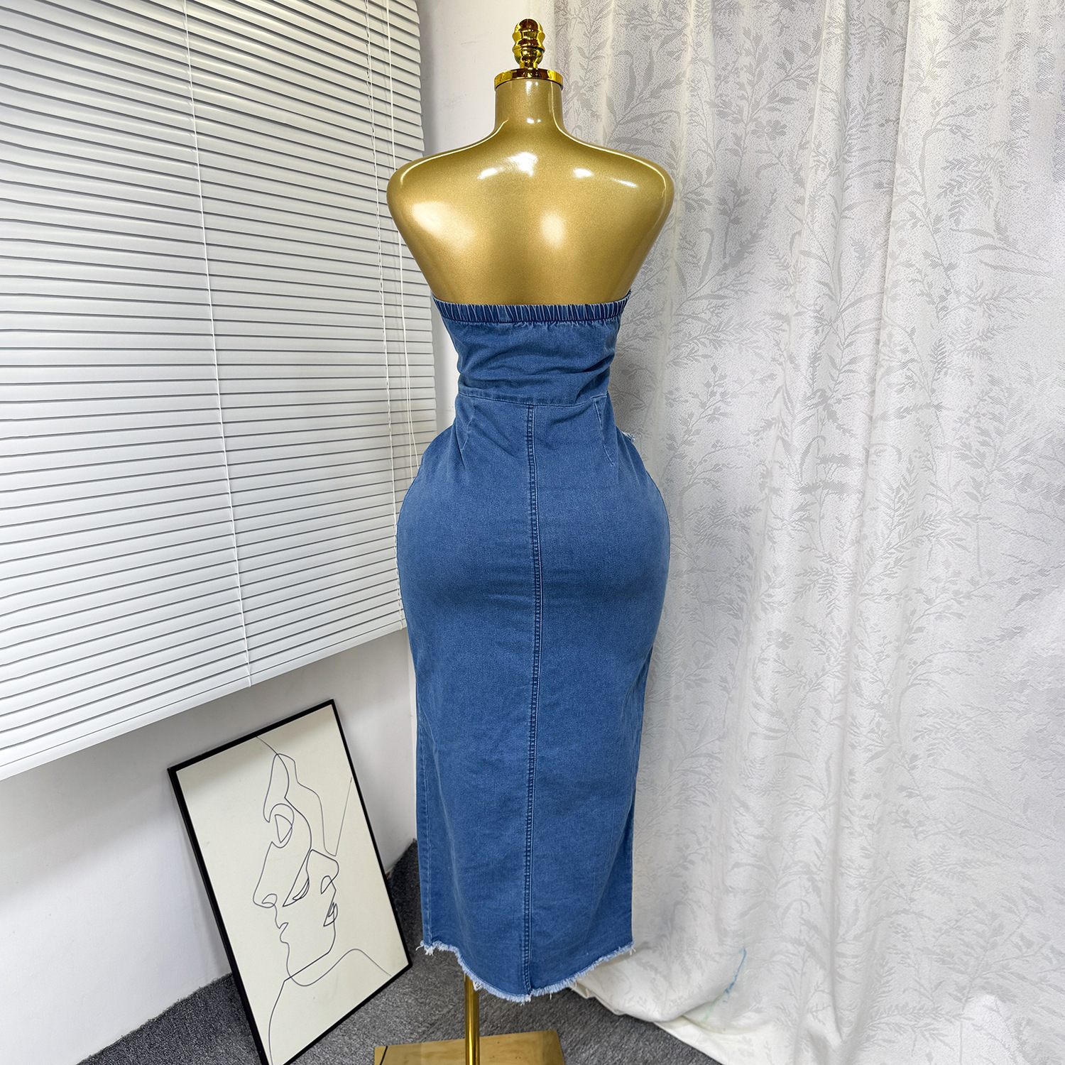 Strapless Pocket Bodycon Denim Dress for Summer Casual