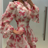 Women's Floral Print V-Neck Long Sleeve Slim-Waist A-Line Ruffle Dress