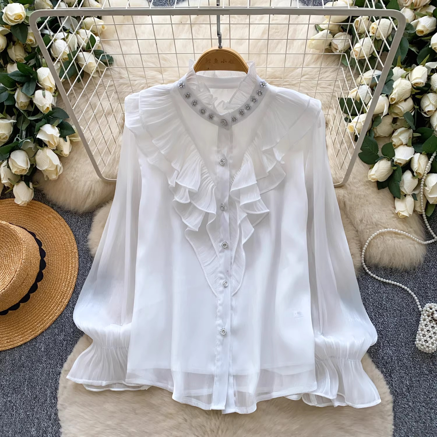 Embellished Long Sleeve Ruffle Shirt for Career Wear