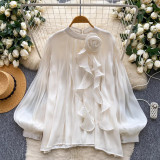 Women's Elegant Long Sleeve Shirt with Floral Embellishment