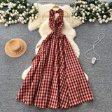Women's Summer Floral Halter Neck Strap Slim-Waist Chic Plaid Maxi Dress